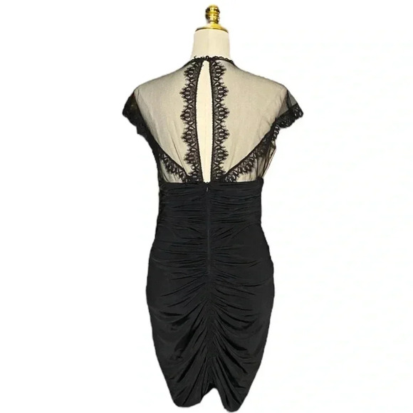 JESSICA McCLINTOCK | Y2K Black Mesh Lace Sheath Ruched Mini Dress Size 10 - Picture 5 of 10